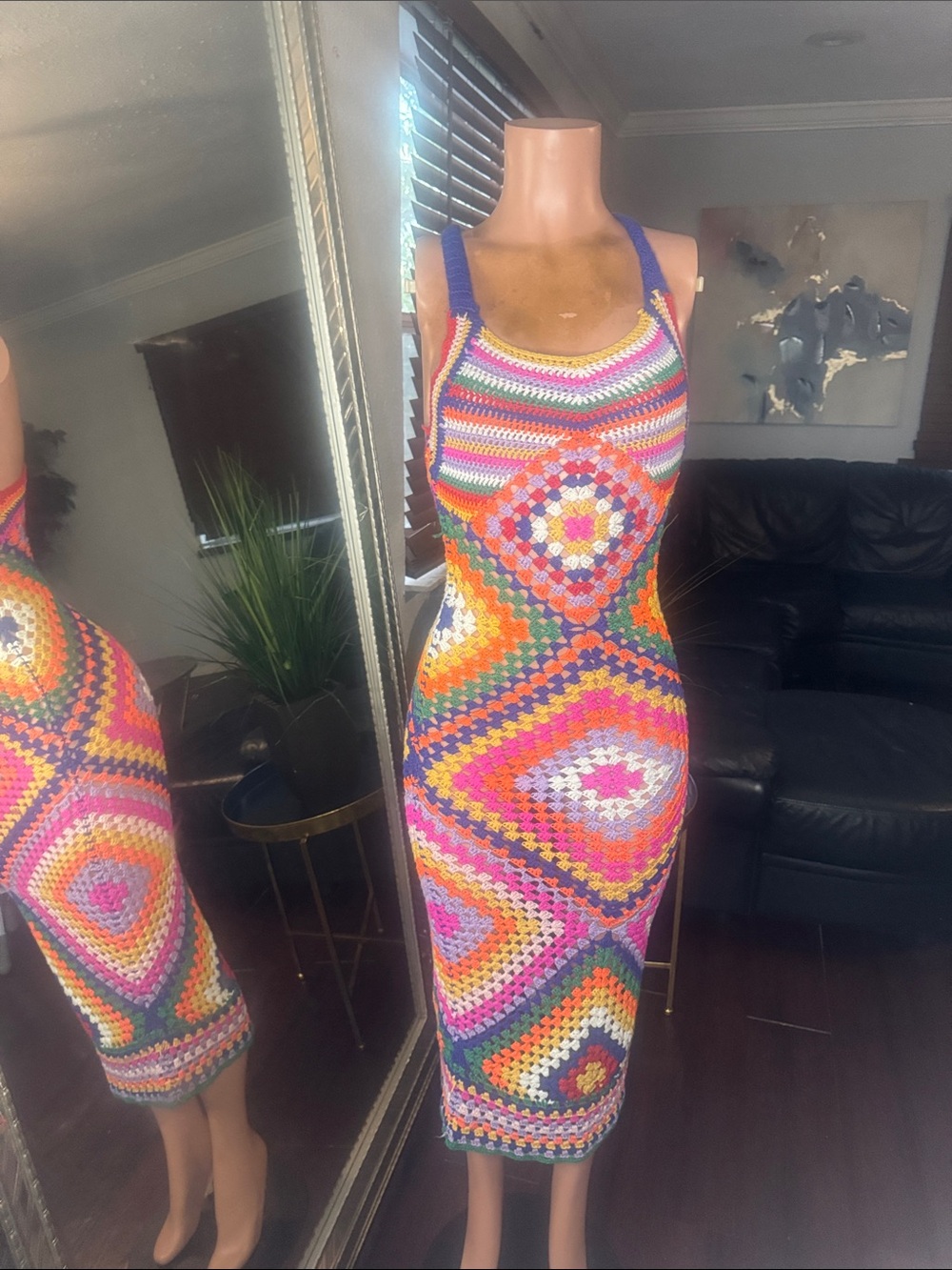Crochet Multicolor Midi Dress - Vibrant Pink, Orange & Blue